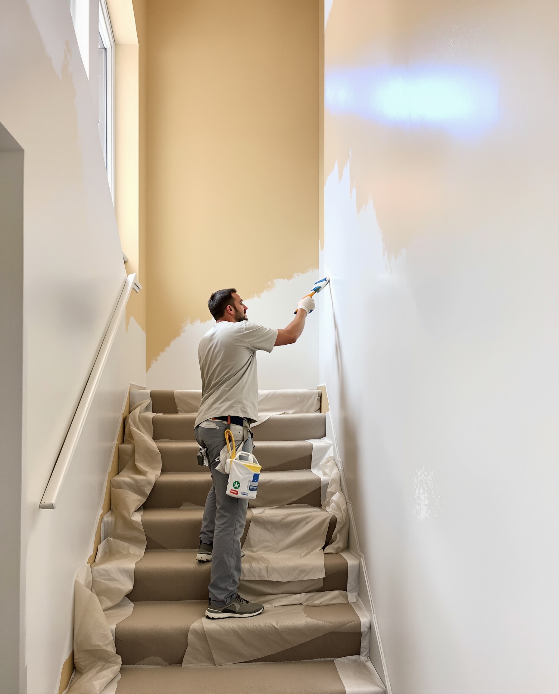 Pintor rehabilitando una escalera comunitaria en Valencia
