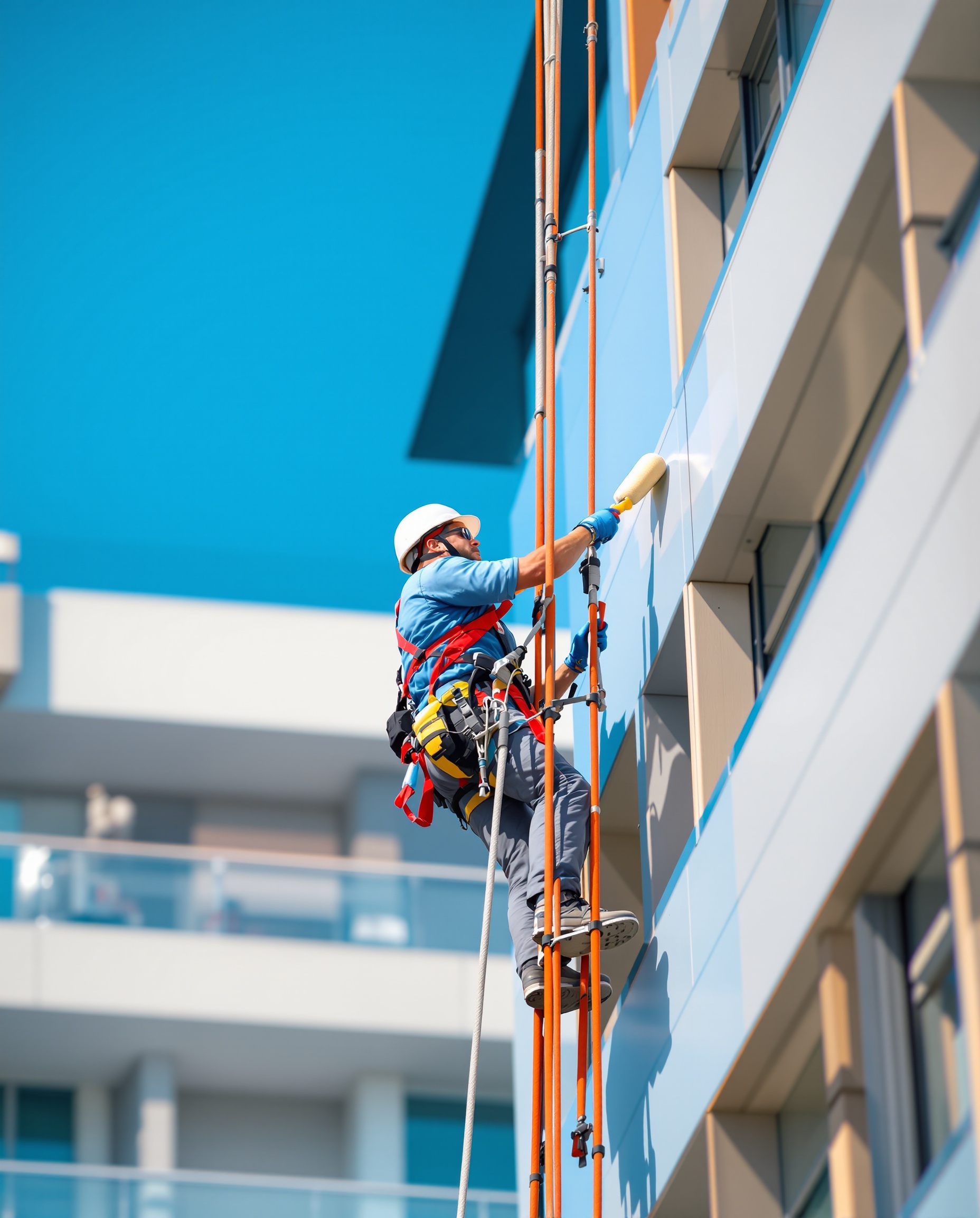 Técnico de descuelgue en altura trabajando en fachada