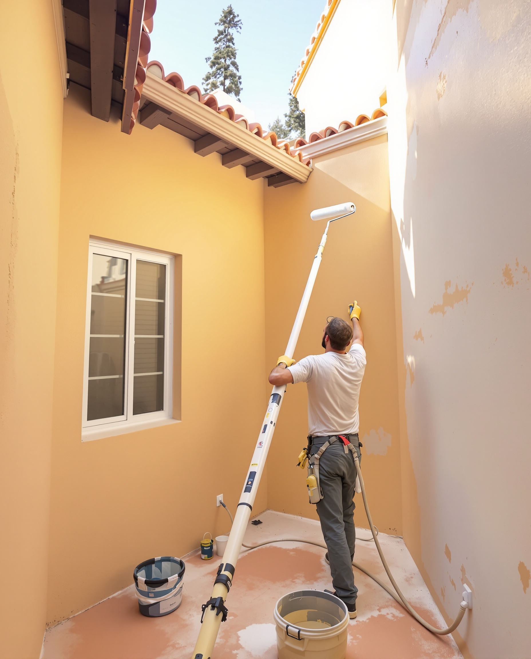 Pintor rehabilitando un patio de luces en Valencia